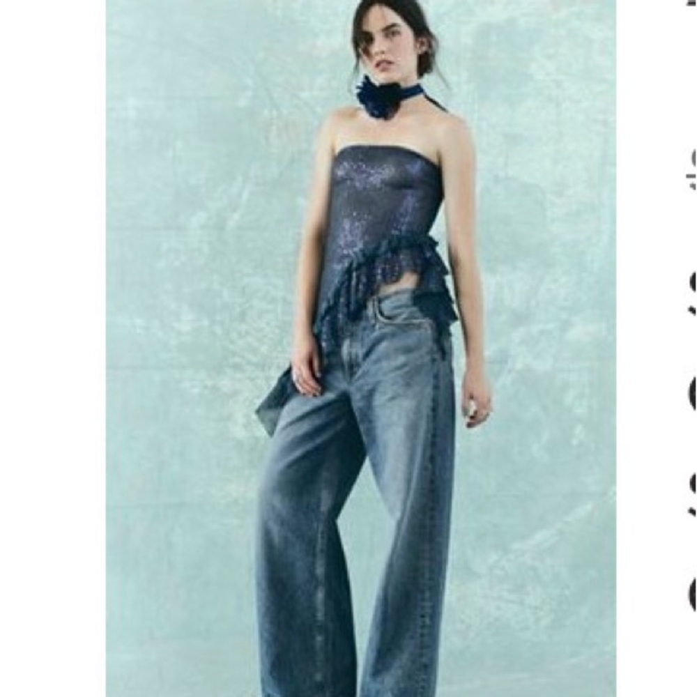 Free People Asymmetrical Navy Sequin strapless top!